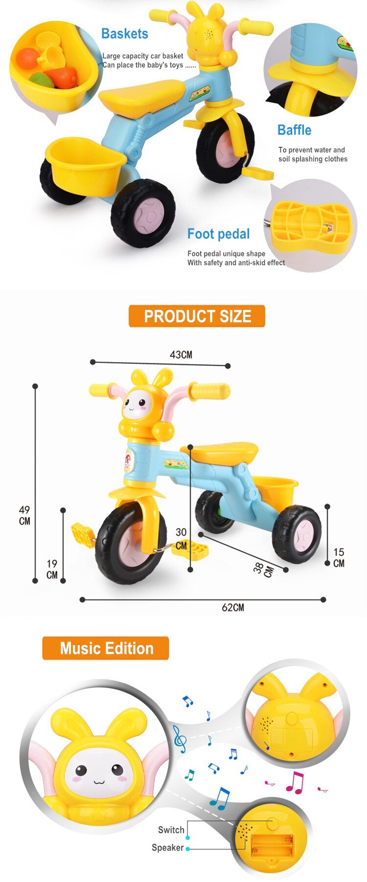 Baby Stroller Kids Bikes Tricycle Baby Walkers Music Version Cartoon Children's Bicycles Three Wheeled Bicycle Outdoor Gear